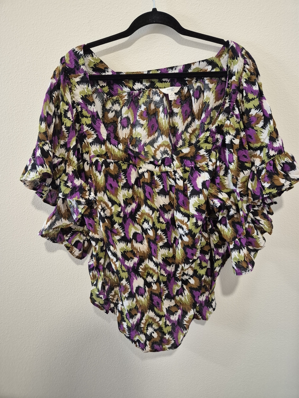 Terra & Sky Purple, Olive & Black Ruffle Sleeve Blouse